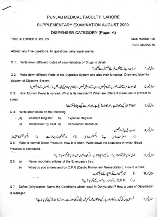 Punjab Medical Faculty Dispenser Old Papers