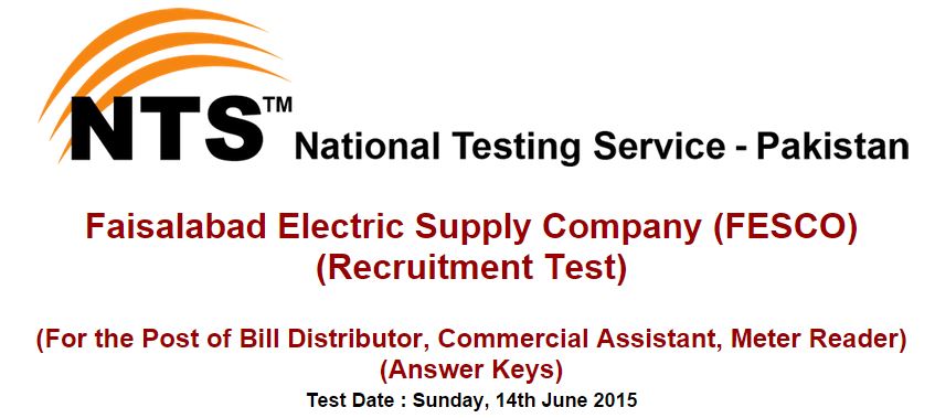 NTS Answer Keys Faisalabad Electric Supply Company (FESCO) (Sunday, 14th June 2015)
