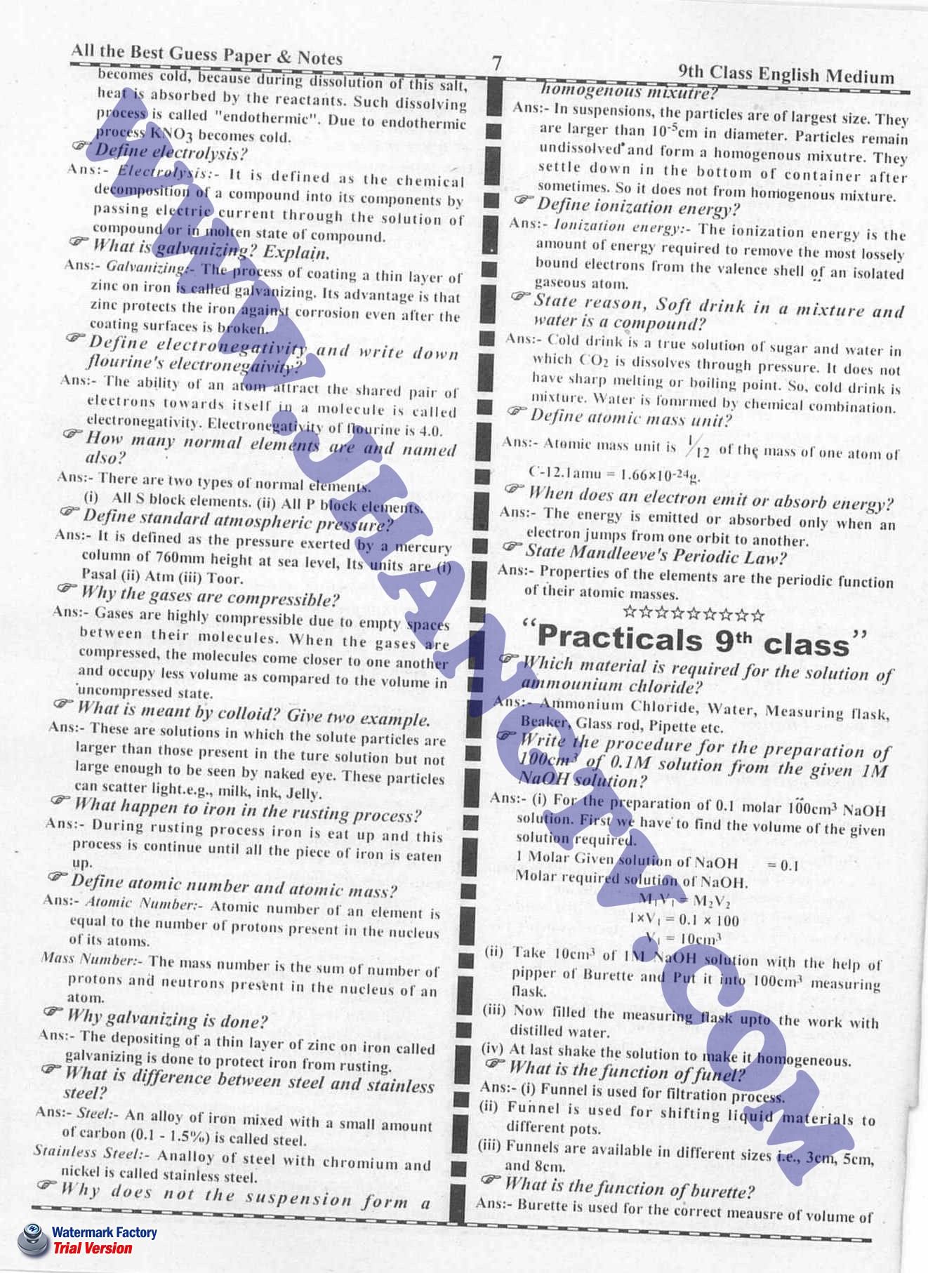 9th Class Guess Papers 2019 Science Subjects English Medium All Boards