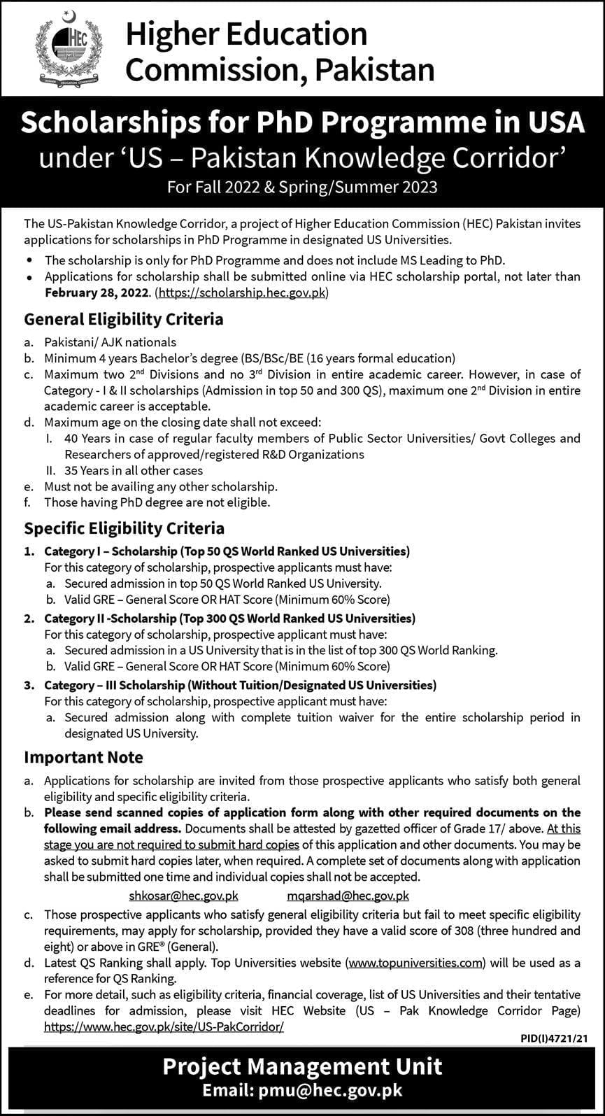 Latest Advertise For HEC Scholarships For PHD Programme in USA 2022 - USA Scholarships in Pakistan 2022