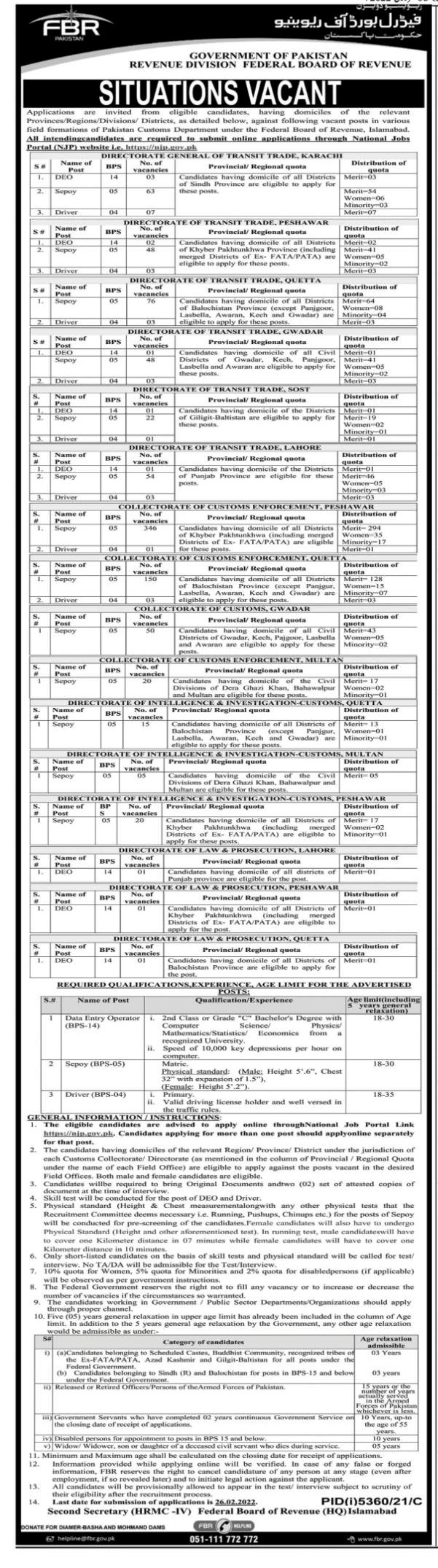 Various Jobs at FBR Pakistan Customs Jobs 2022