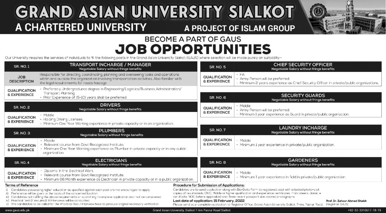  Grand Asian University Sialkot Jobs at (Class 4 Jobs) In Pakistan 2022
