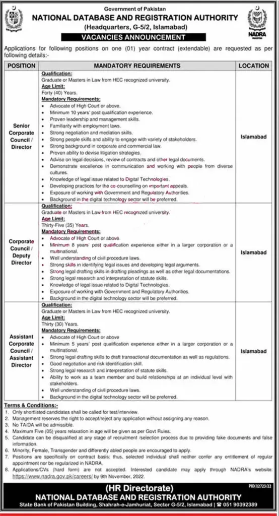 NADRA Headquarters Pakistan Jobs 2022
