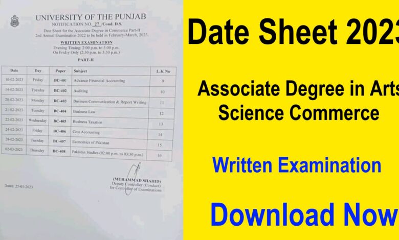 Date Sheet of Associate Degree in Arts-Science-Commerce 2023