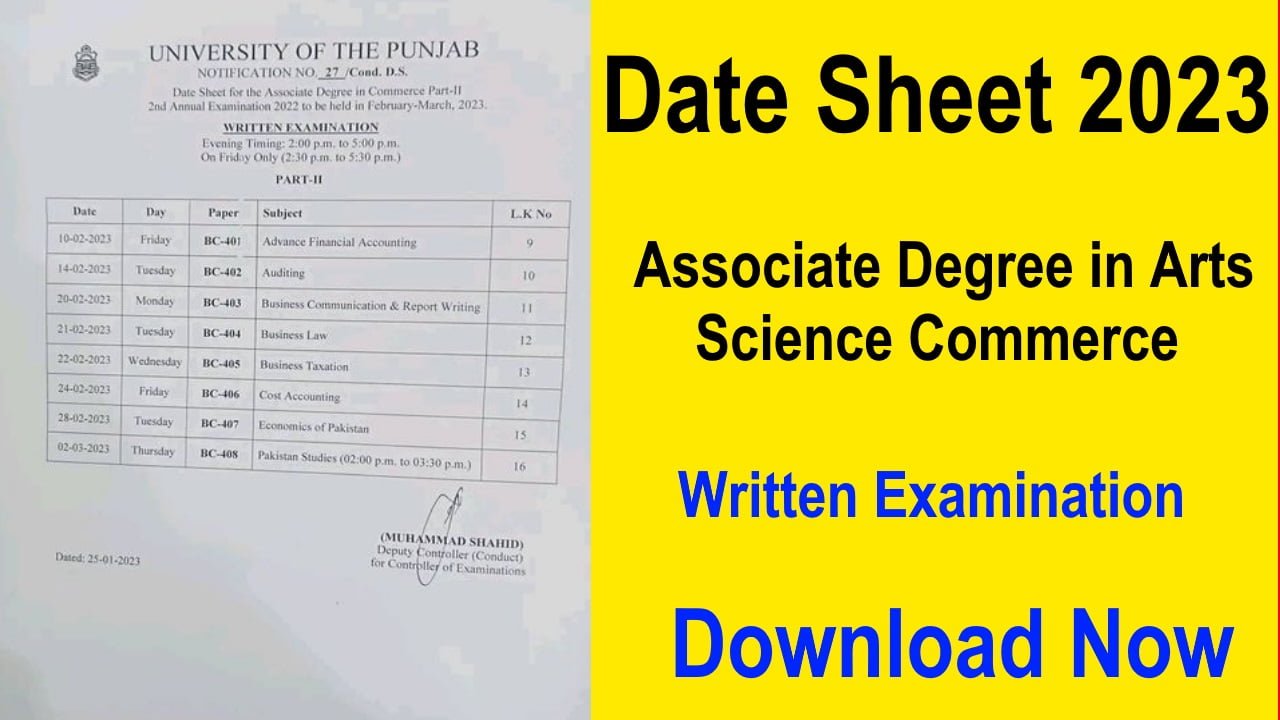Date Sheet of Associate Degree in Arts-Science-Commerce 2023 